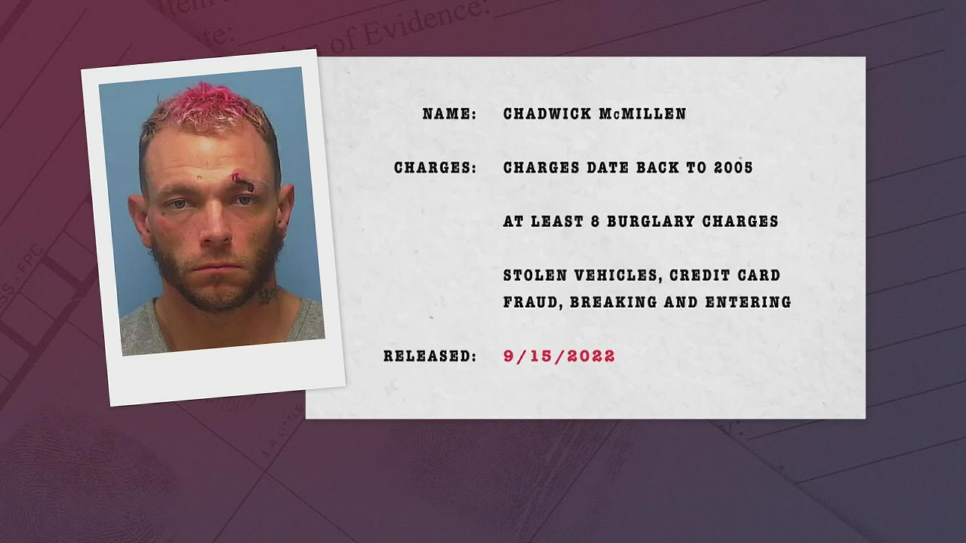 McMillen's record shows charges dating back to 2005, which included at least eight burglary charges, including stolen vehicles and guns.