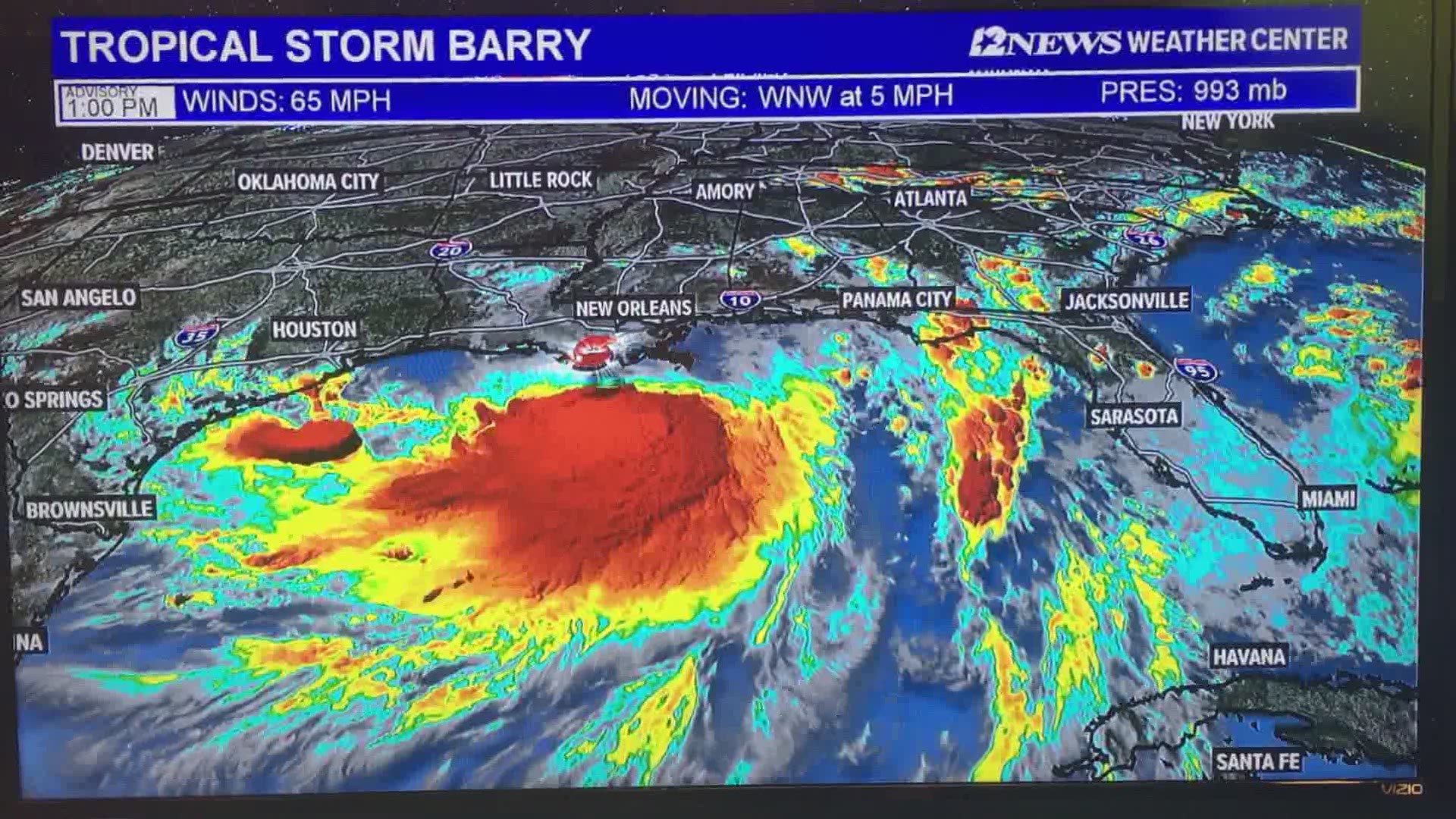 Tropical Storm Barry is now expected to make landfall around 7 a.m. Saturday morning along the Louisiana coastline as a category one hurricane according to the National Hurricane Center's latest update. The 1 p.m. update on Tropical Storm Barry from the National Hurricane Center reported Barry strengthening with winds of 65 mph.