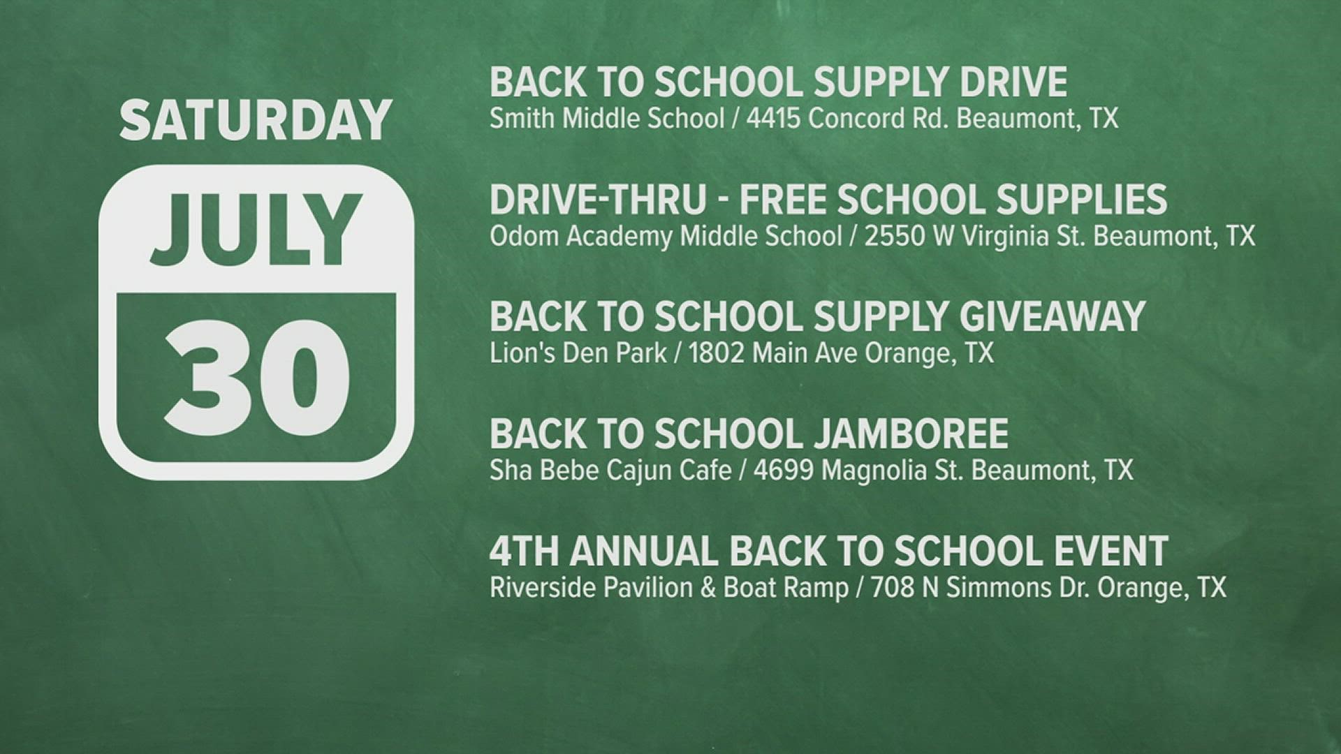 Several back-to-school events happening around Southeast Texas on Saturday will be giving away free school supplies to help ease the minds and wallets of parents.
