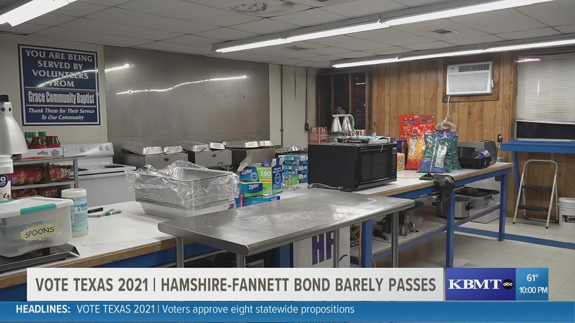 Hamshire-Fannett Independent School District voters, with a five vote margin of less than 1%, decided to fund a $1.48M bond for a new concession stand.