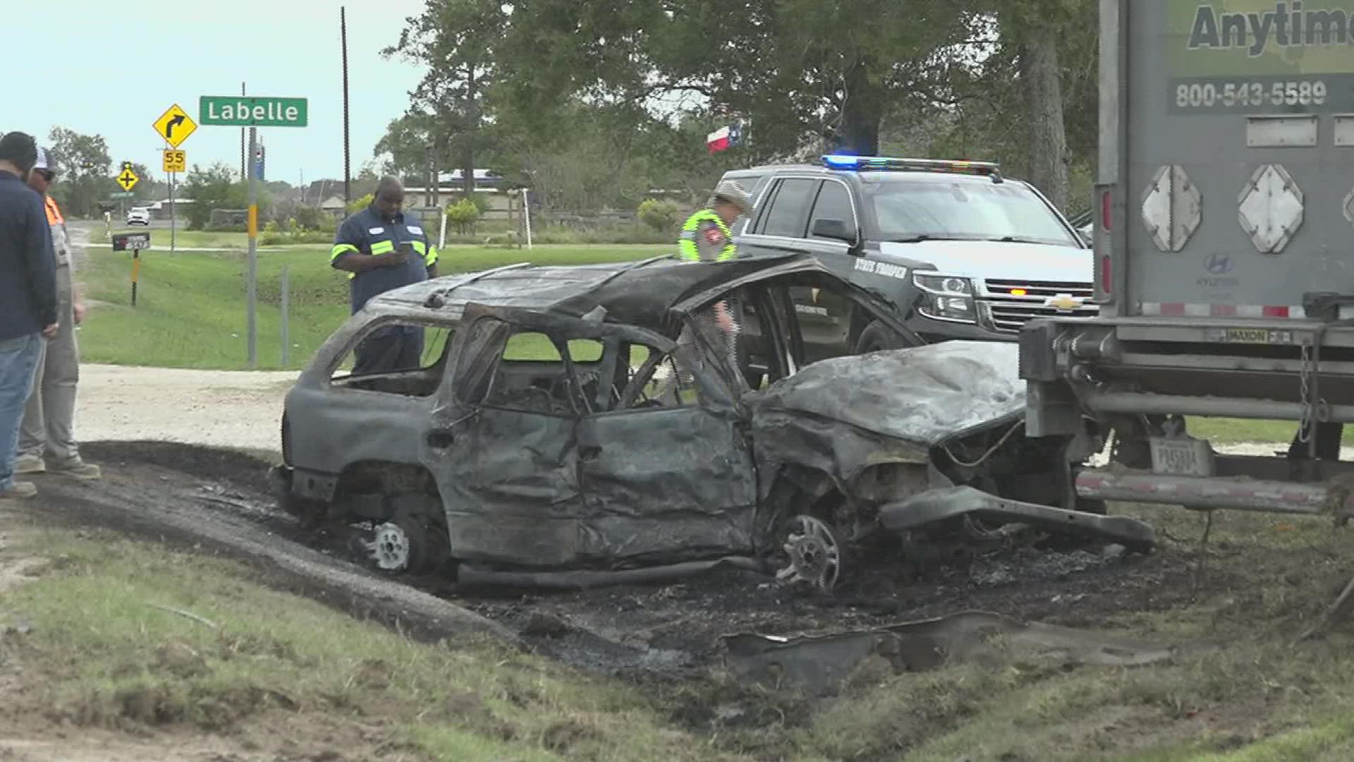 The 18-wheeler struck the right side of a Dodge SUV and then drove into a parking lot where it struck four other vehicles.