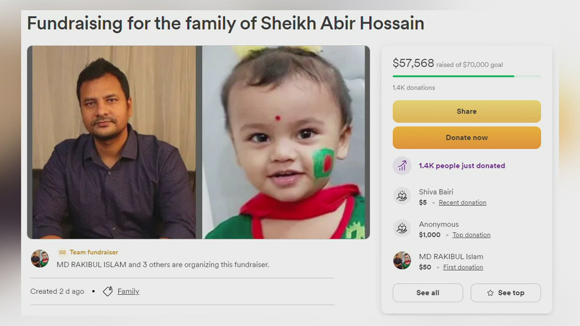 In a GoFundMe organized by the Bangladesh Student Association at Lamar University, it is said that Sheikh Abir-Hossain leaves behind a wife and 2-year-old daughter.