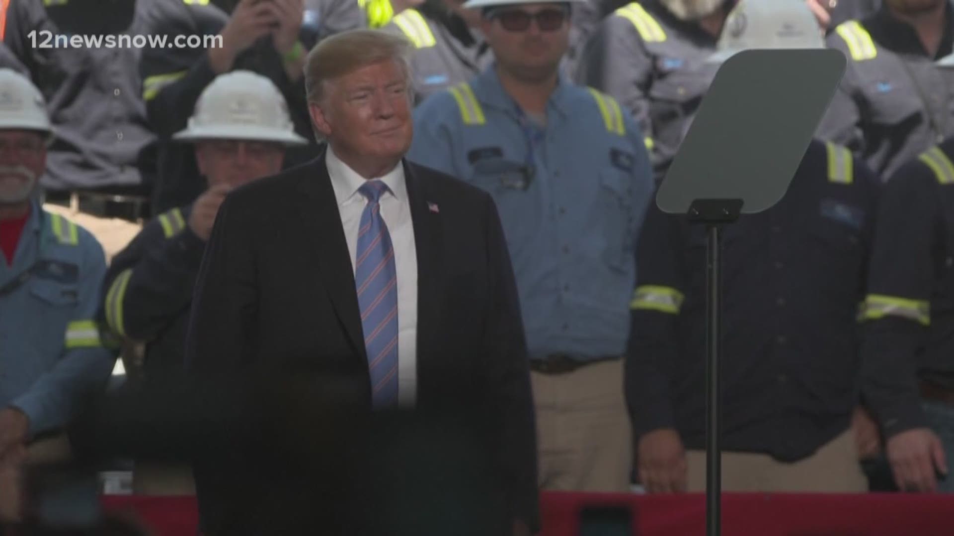President Trump arrived in the state Tuesday to tour a $10 billion export terminal that will liquefy natural gas for storage and shipping.