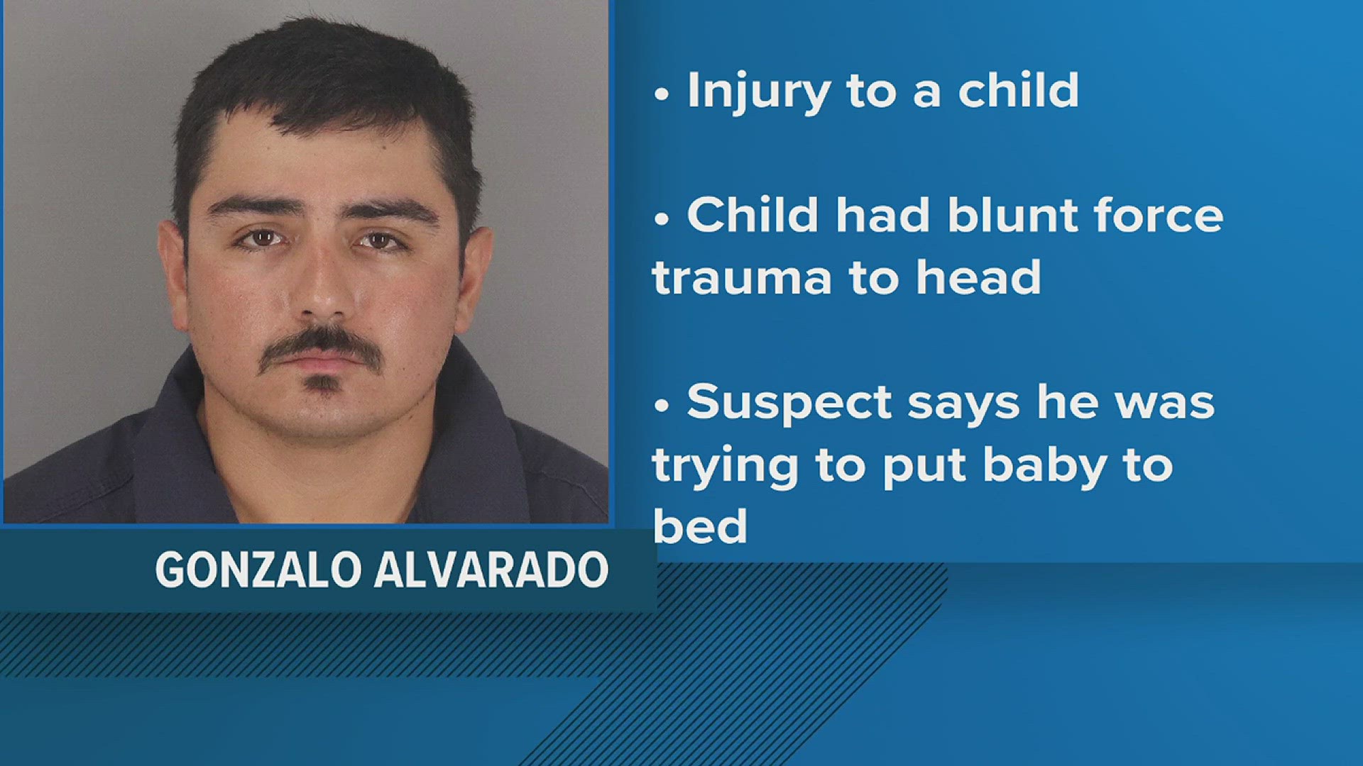 Police say Gonzalo Alvarado, 23, bound the child in a blanket before putting her to bed. The child was found unresponsive the next morning.