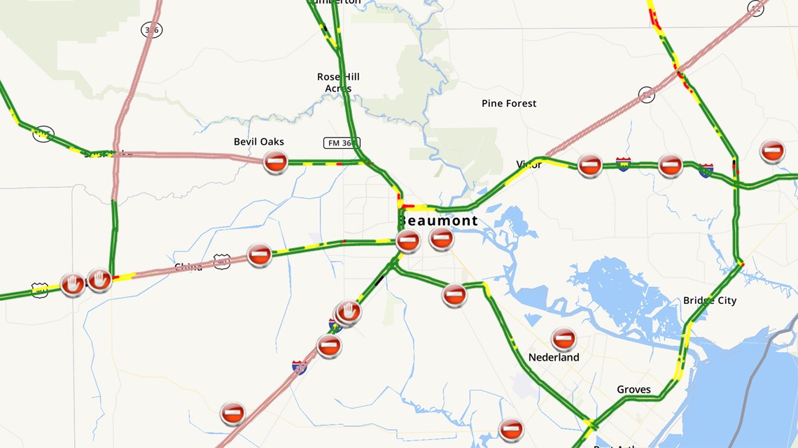 Map of road closures in Beaumont Texas