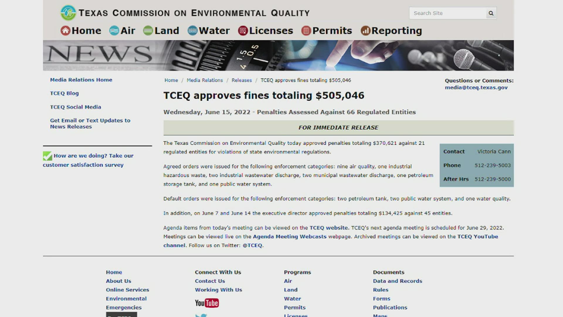 TCEQ says Premcor Refining Group Inc. released 12,207.9 pounds of pollutants, known as volatile organic compounds, into the air.