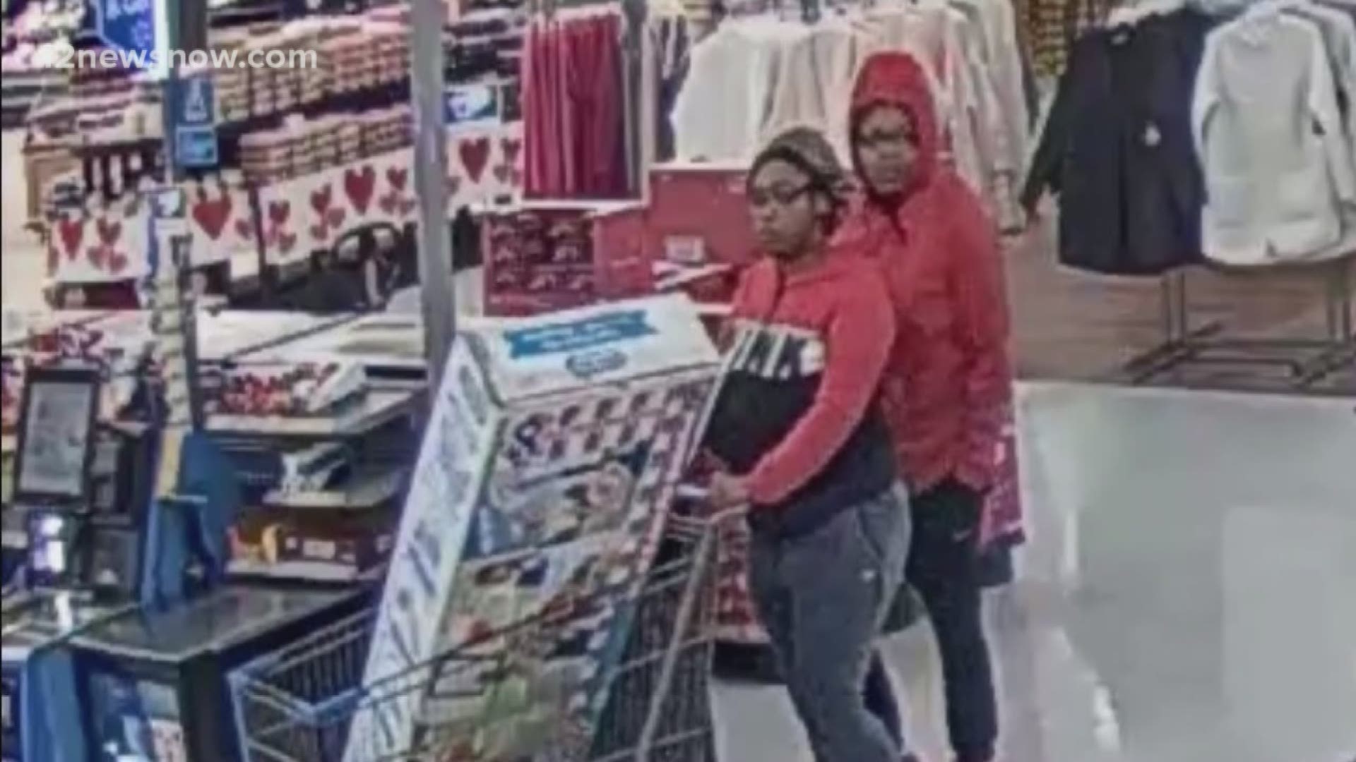 Investigators shared photos of the women. The two are accused of taking thousands of dollars in merchandise from Walmart.