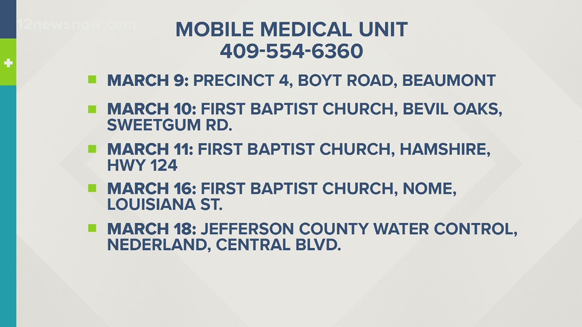 Vaccinations at the Jefferson County Health Department's Mobile Medical Unit will start at 9 a.m. Tuesday, March 9 by appointment only since supplies are limited.