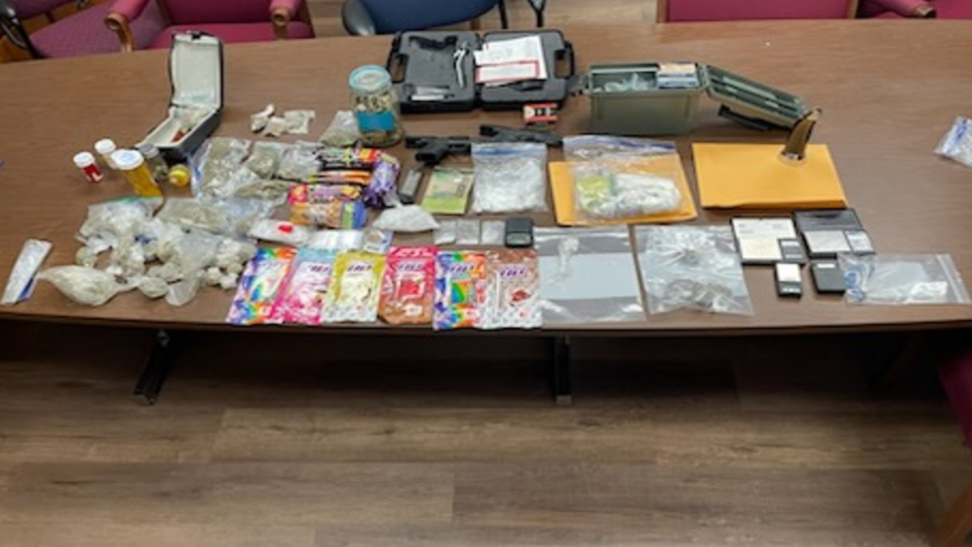 Detectives found suspected meth, suspected marijuana, suspected THC, suspected shrooms, suspected ecstasy, suspected fentanyl, prescription meds, pistols and more.