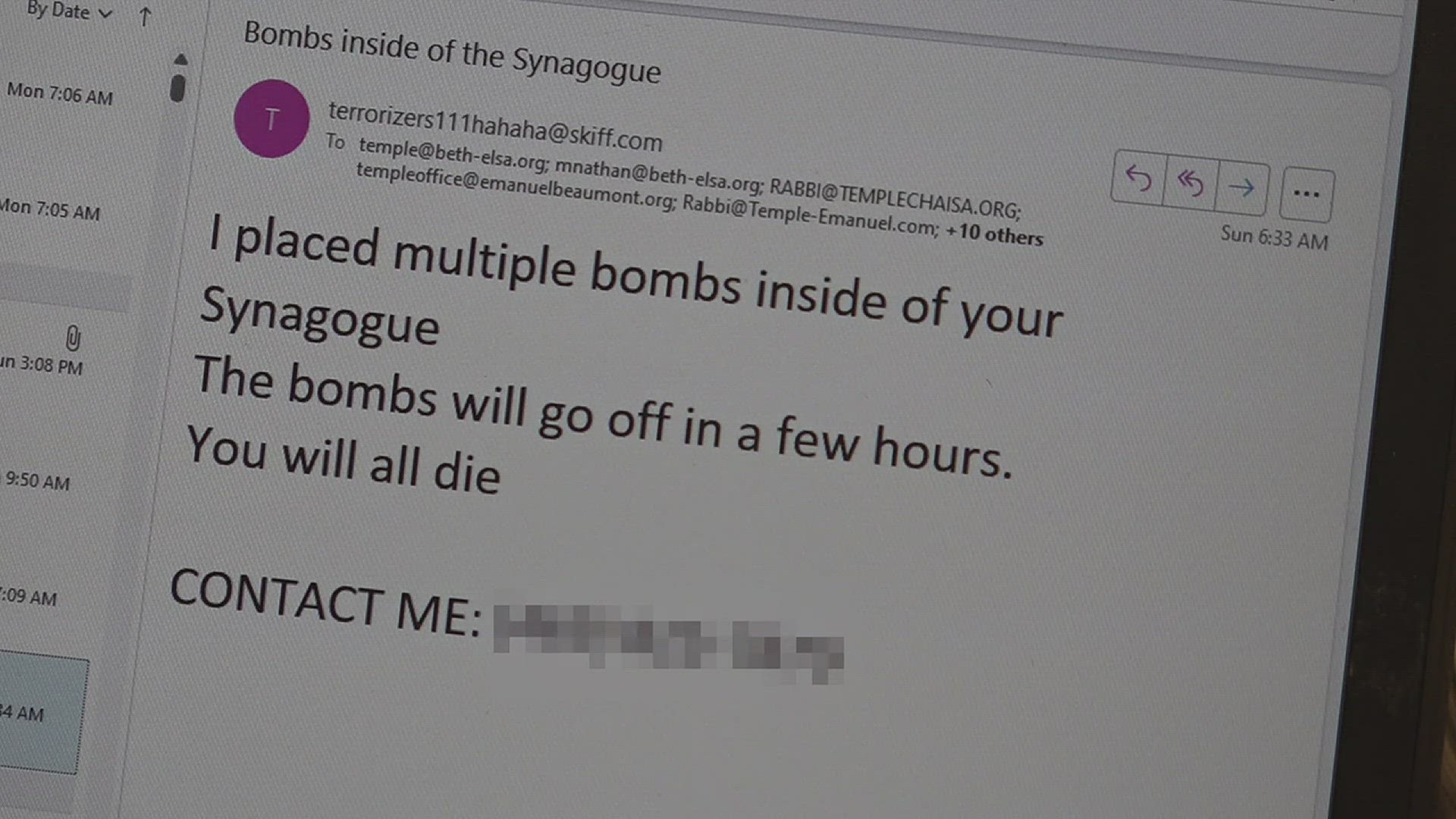 At 10:27 a.m. Beaumont Police received a call about an email that Temple Emanuel received which contained a threat to bomb the synagogue.