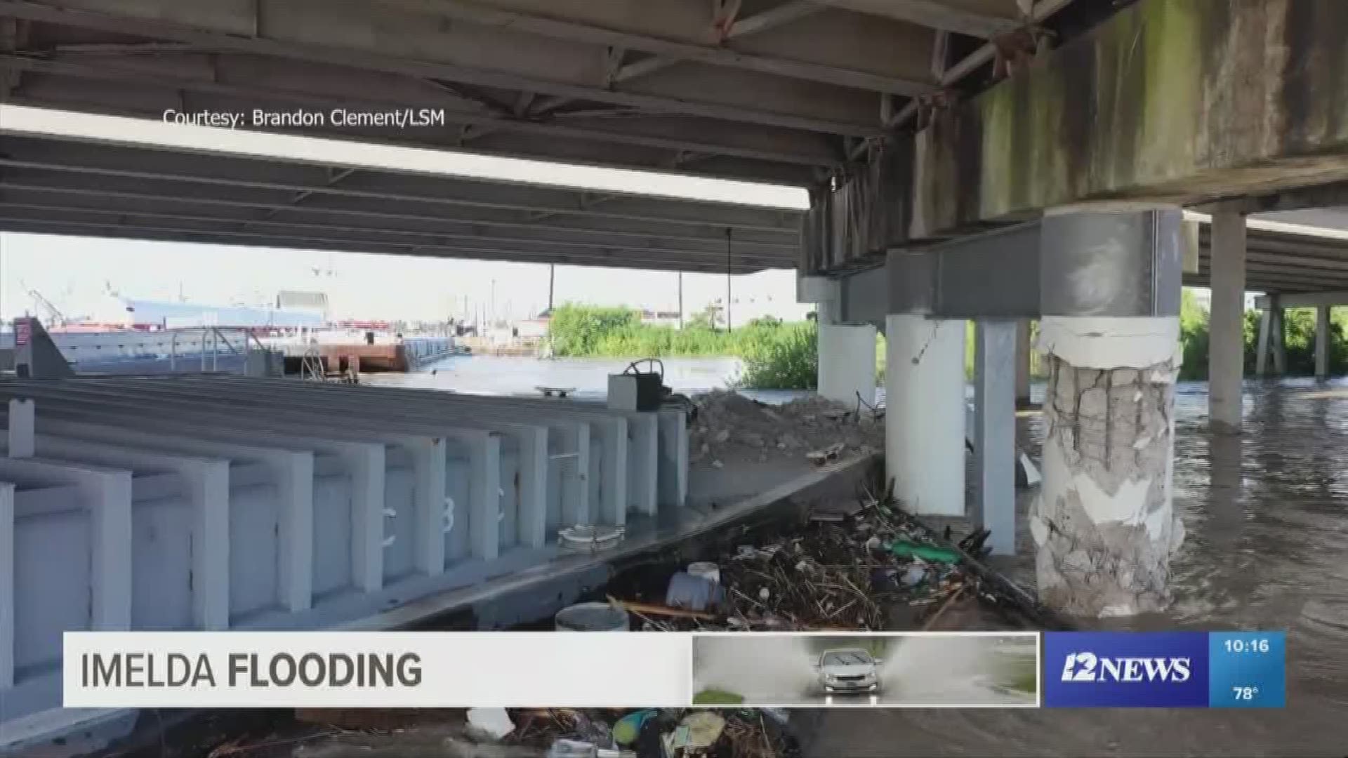 The barge crashed into I-10 on the San Jacinto River during Imelda's floods. Nine barges broke free during the middle of the storm. The bridge is closed.