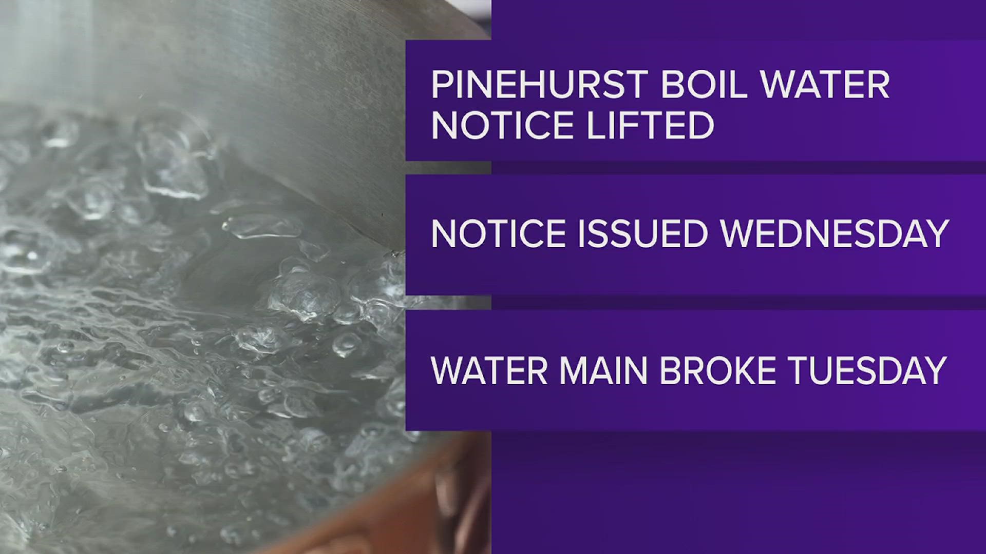 The boil water notice for residents in the City of Pinehurst has been lifted following a water main break Tuesday night.