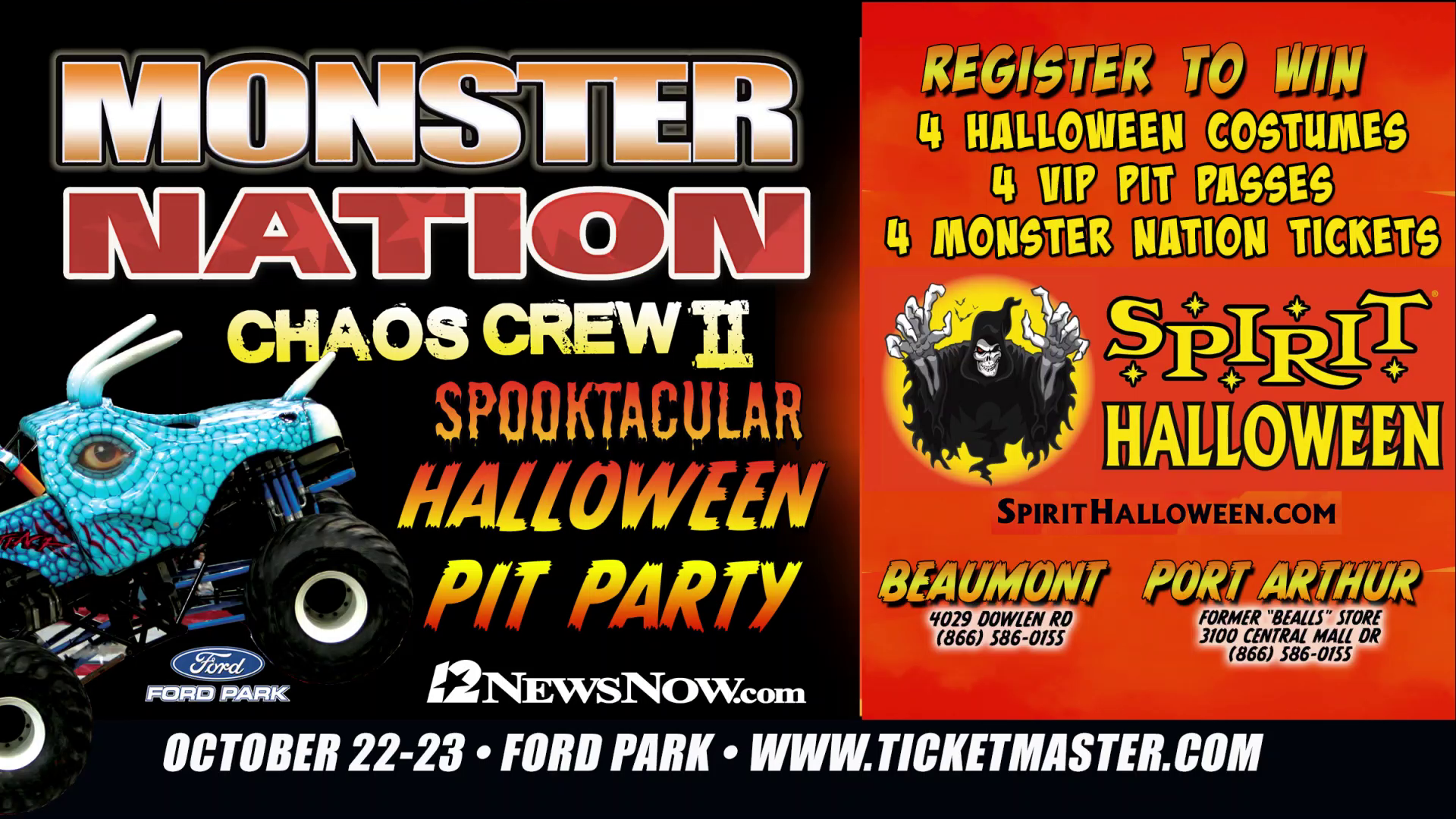 Register to win a set of  four Halloween costumes, VIP pit passes, Monster Nation tickets!