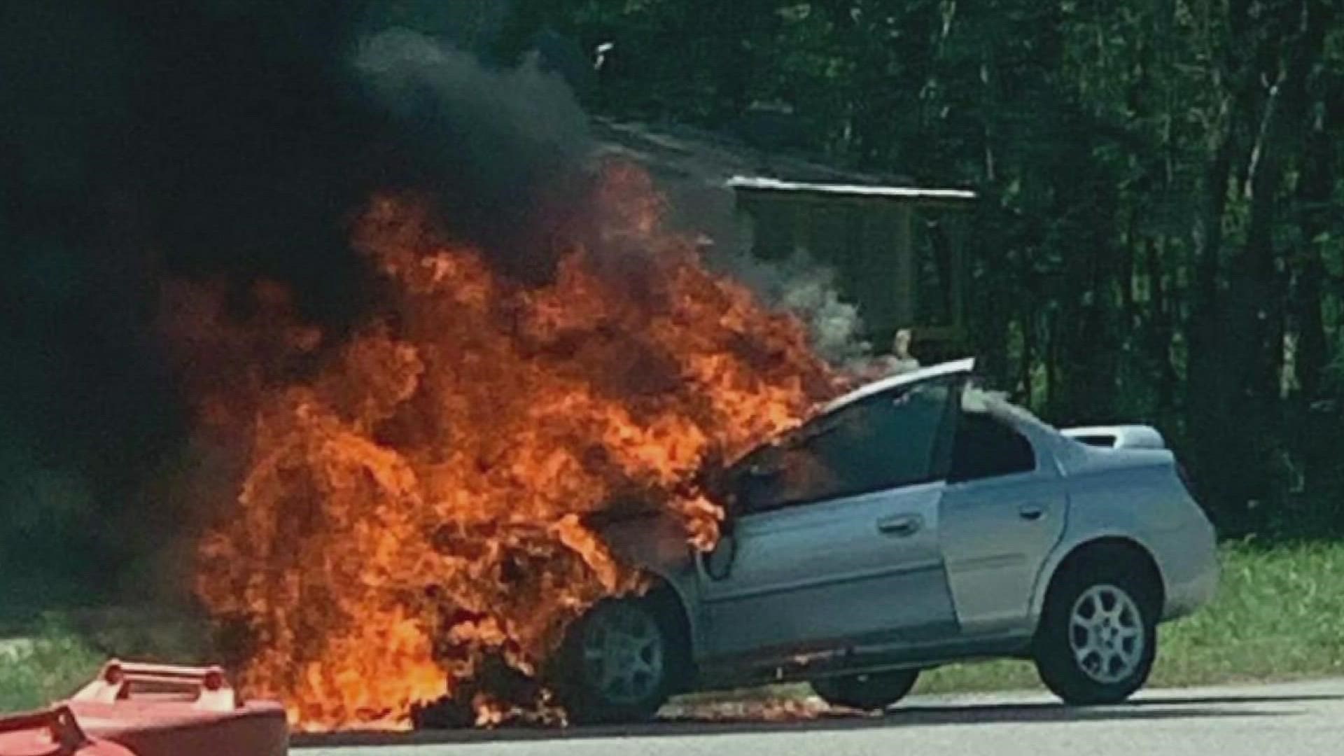 Last week a Jefferson County woman saved a young man from being burned alive when his car caught fire as he was driving along Interstate 10.