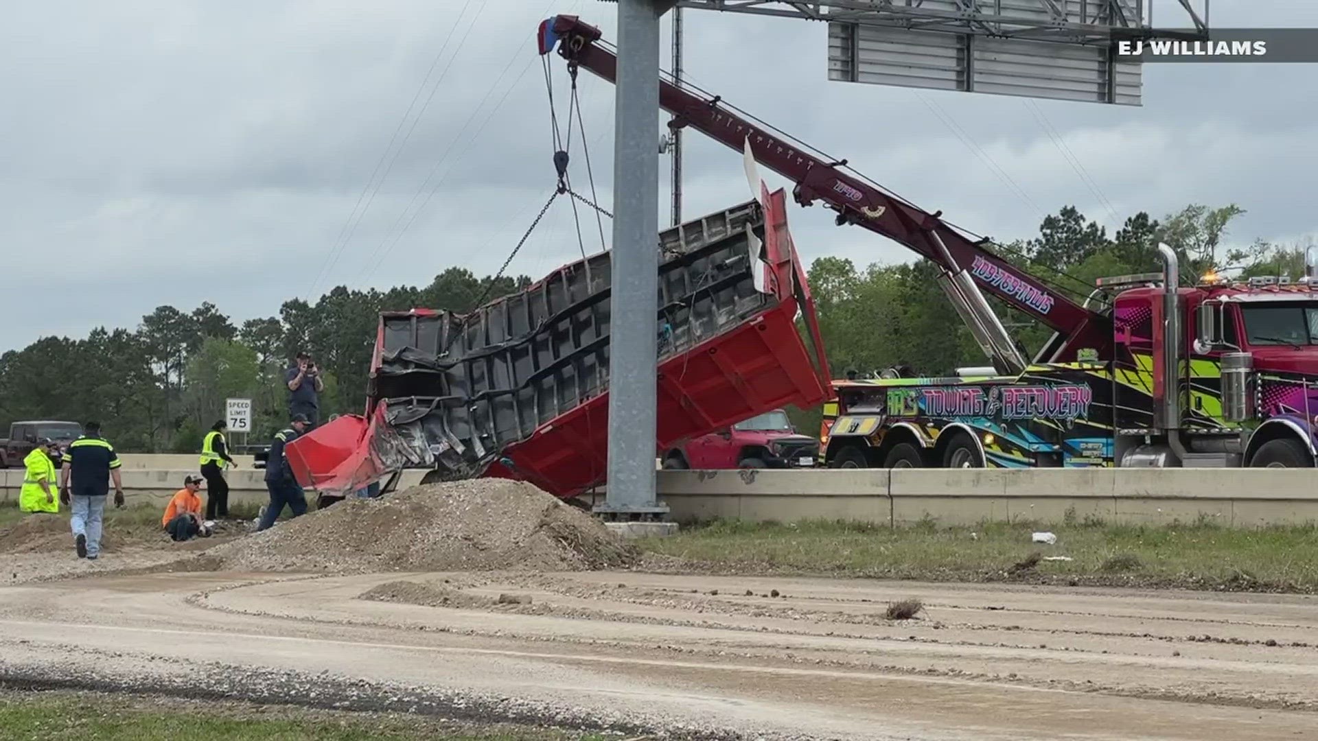 Orange County Pct. 4 Constable Matt Ortego tells 12News it appears the dump truck had a blow out, causing the front of the vehicle to hit the outside barrier.