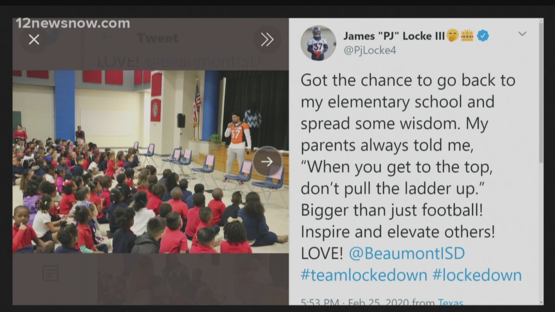 Students at Dishman Elementary in Beaumont met the Denver Broncos' safety player, P.J. Locke III.