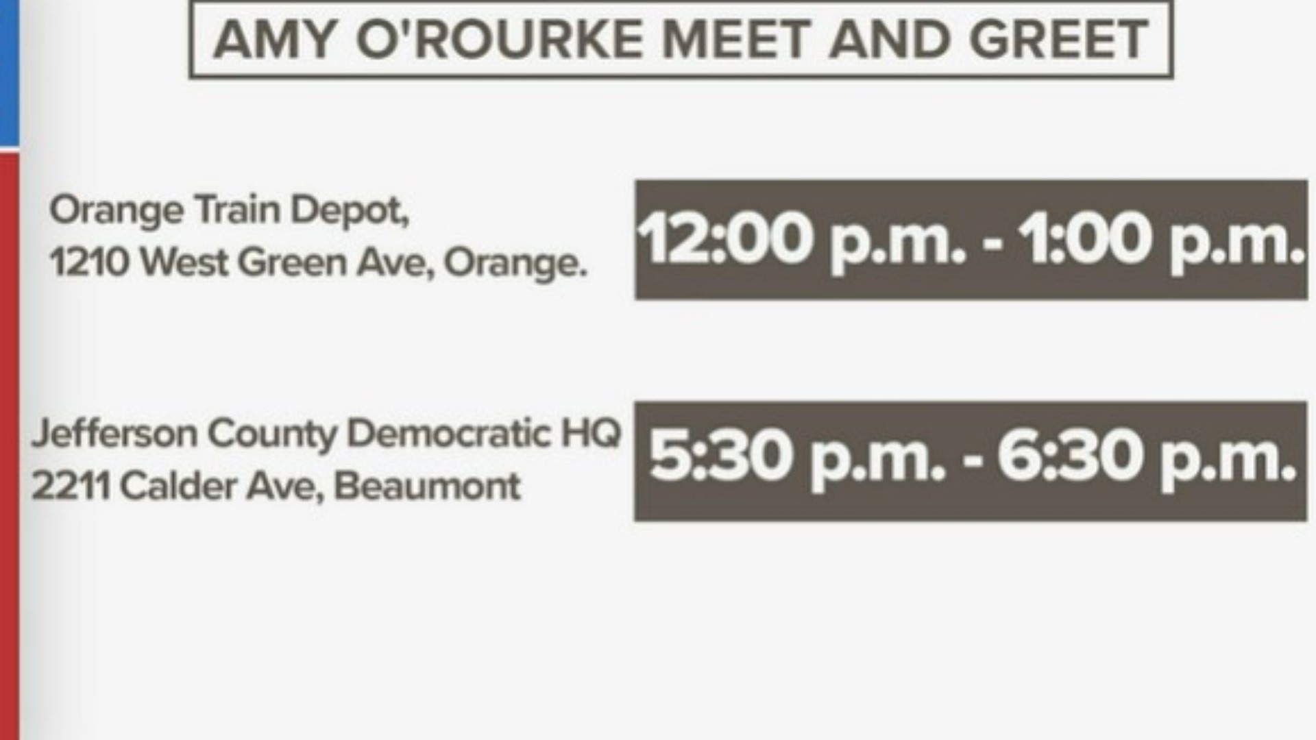 Amy O'Rourke will be in Orange on Wednesday, October 19, 2022 at noon at the old train depot at 1210 Green Avenue according to the campaign.