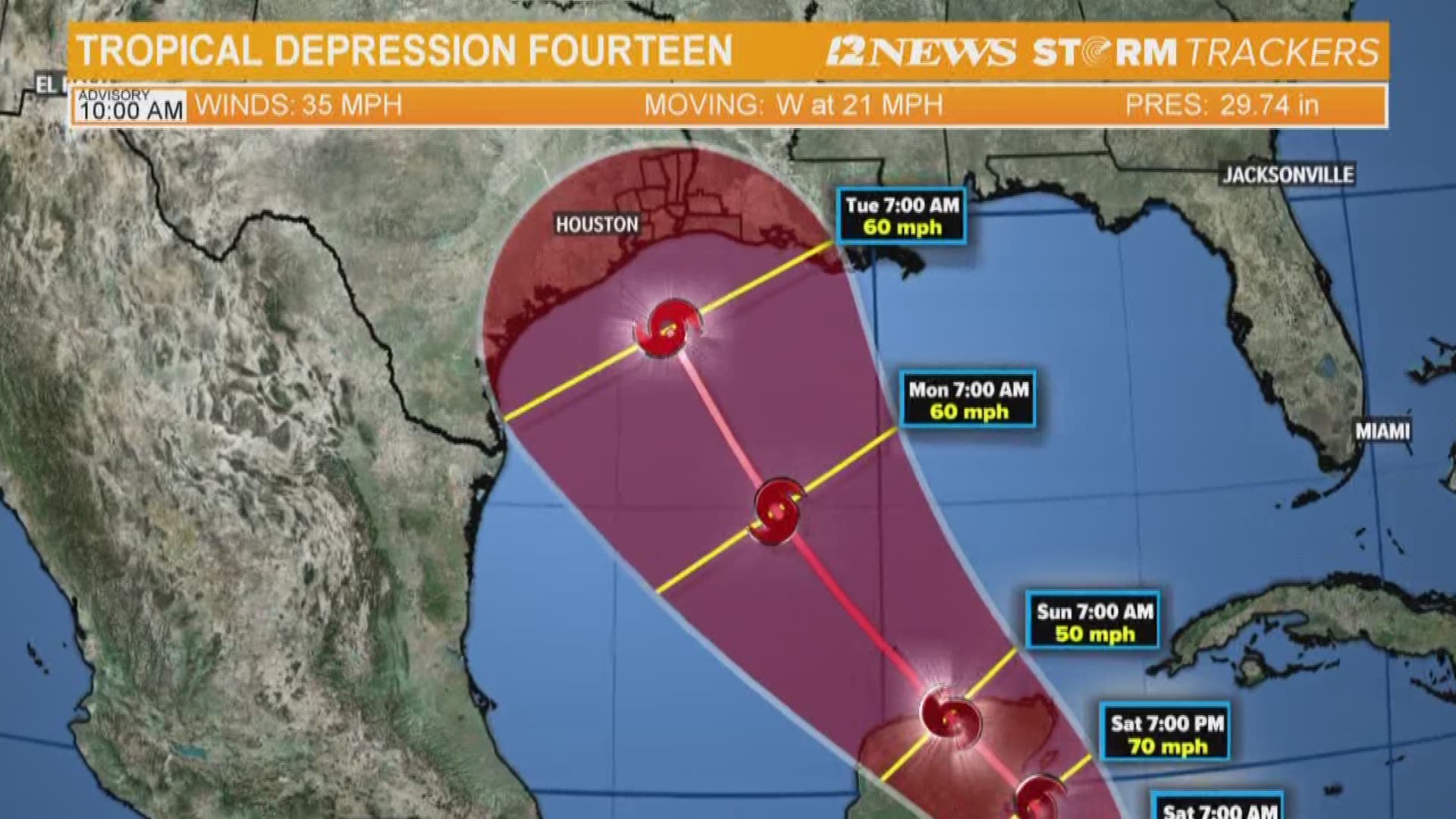 Tropical Depression 14 has formed in the Caribbean. It is forecast to track over  the Yucatan Peninsula and into the Gulf of Mexico by this weekend.