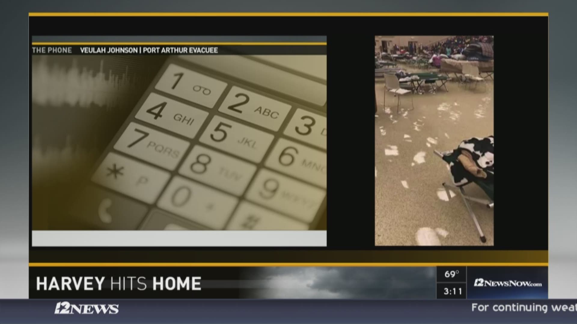 An evacuee inside the Port Arthur civic center describes the scene as the shelter began to flood. (8/30 3 a.m.)