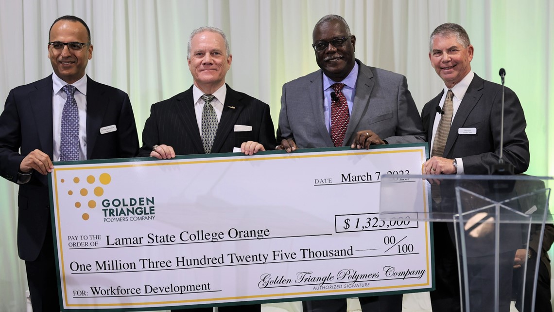 Golden Triangle Polymers presents $1.3M check to Lamar State College Orange