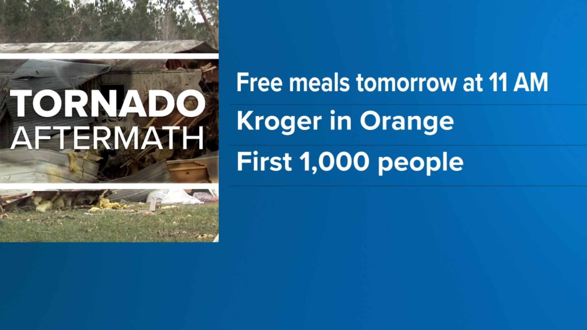 On Thursday, the Kroger in Orange is partnering with Zummo's to hand out food at 11 a.m. The first 1,000 people will be served a free meal.