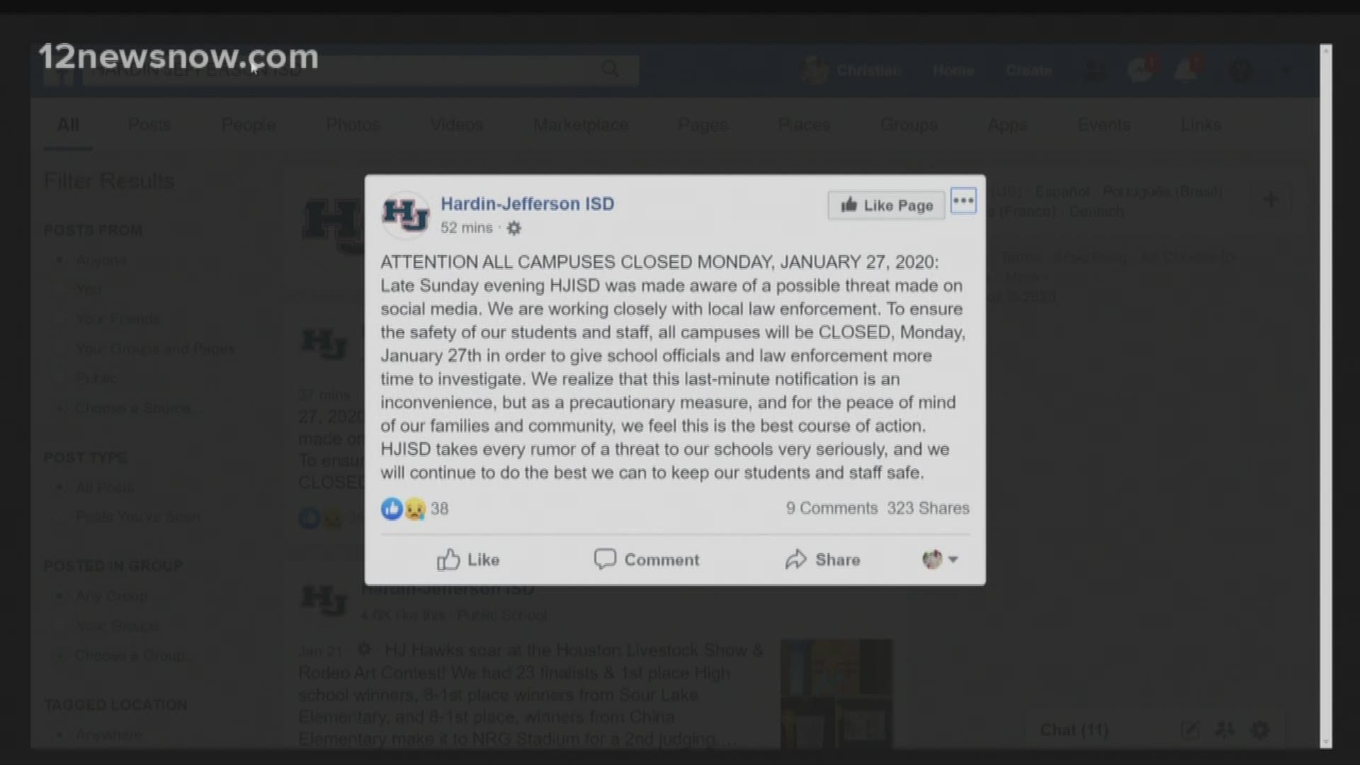 Both Hardin Jefferson ISD and Evadale ISD cancelled classes Monday due to a threat. Evadale ISD's superintendent said this is due to "unforseen circumstances."