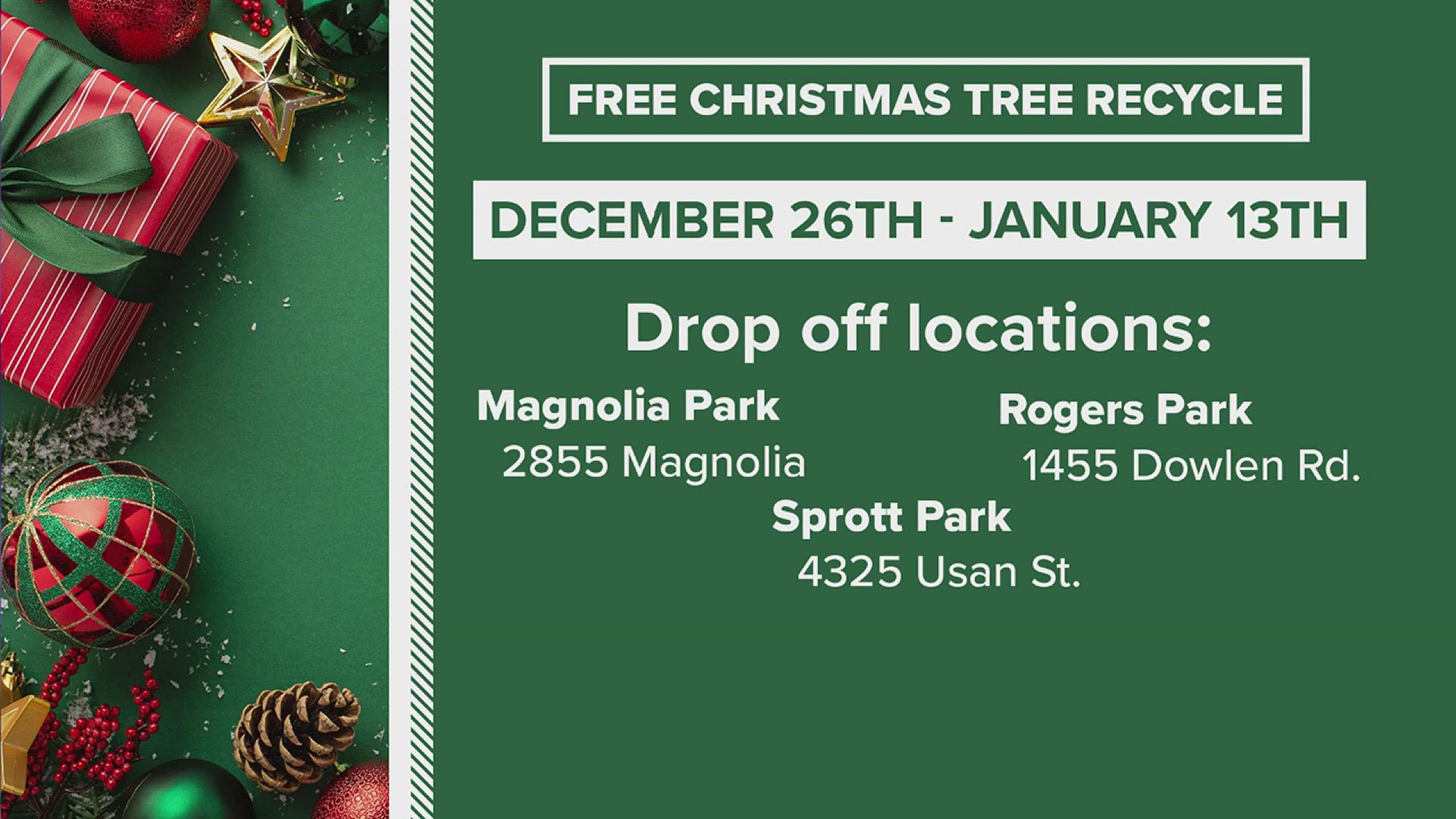 Three Beaumont parks offer free Christmas tree recycling | 12newsnow.com