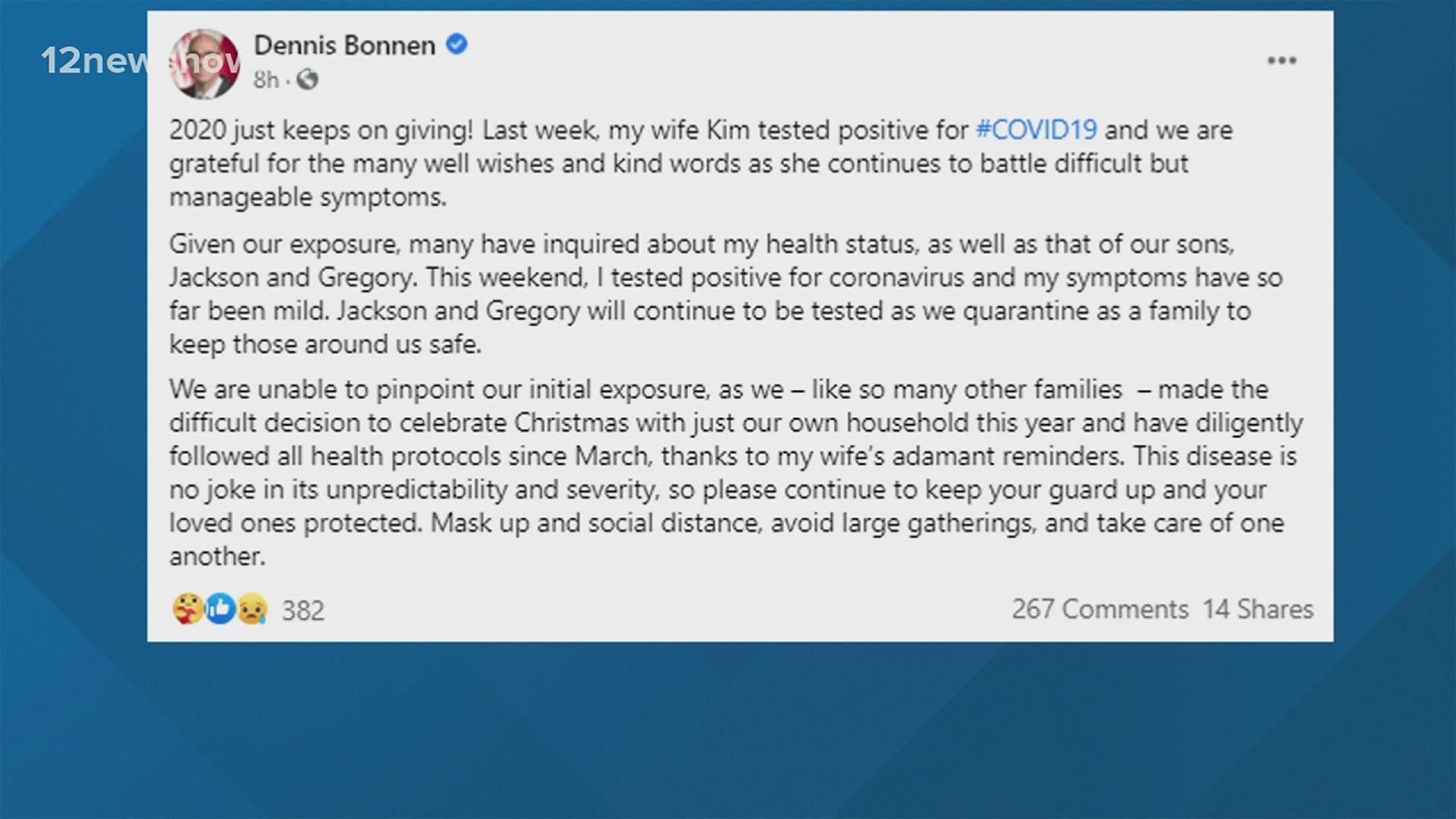 "2020 just keeps on giving!" Bonnen wrote in a Facebook post confirming that he and his wife have both tested positive for the virus.