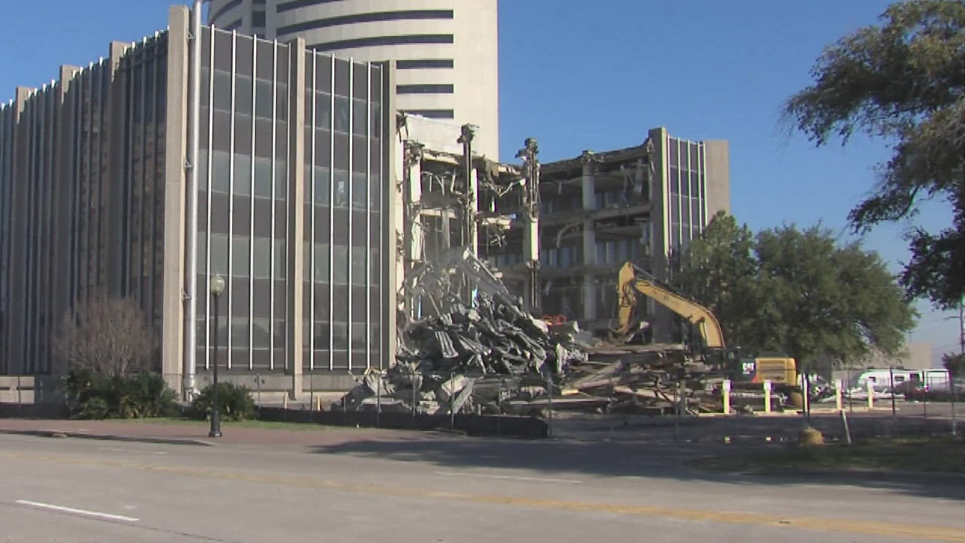 Construction crews continue to make progress on the demolition of the AT T building in Beaumont