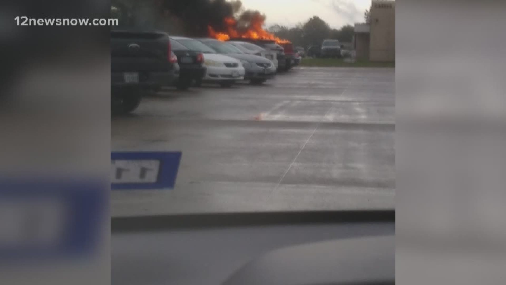 Flames could be seen above the vehicles on Wednesday morning