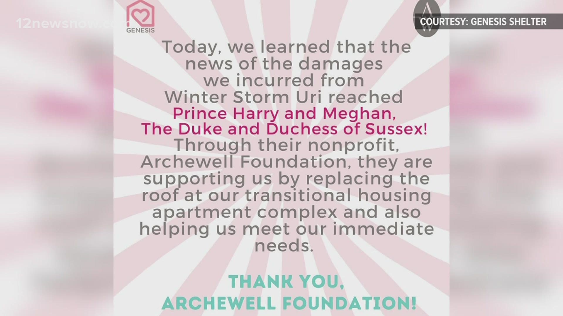 Prince Harry and Meghan Markle are also sending help to Texas. Genesis Women's Shelter and Support said in a tweet the couple would replace the shelter's roof.