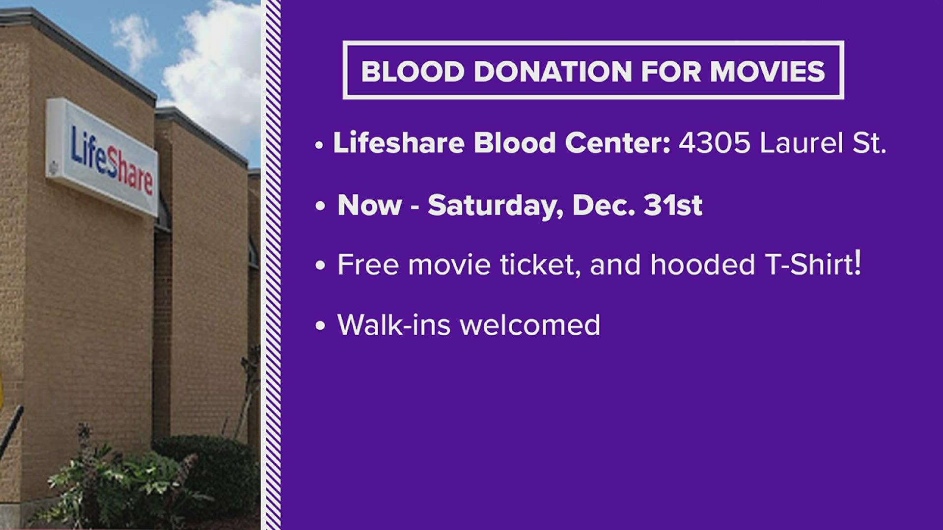 LifeShare Blood Center in Beaumont offering free movie ticket incentive to donors for limited time