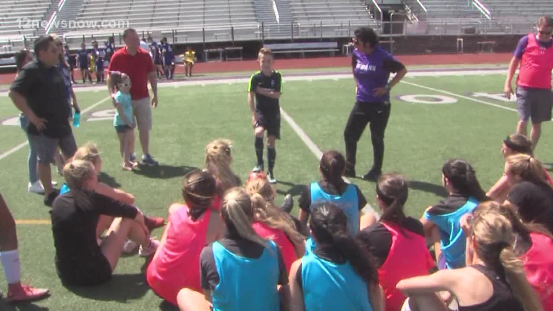 Joshua Hebert took time out of his busy schedule to meet the Port Neches-Groves girls soccer team and show off a few tricks on Wednesday.