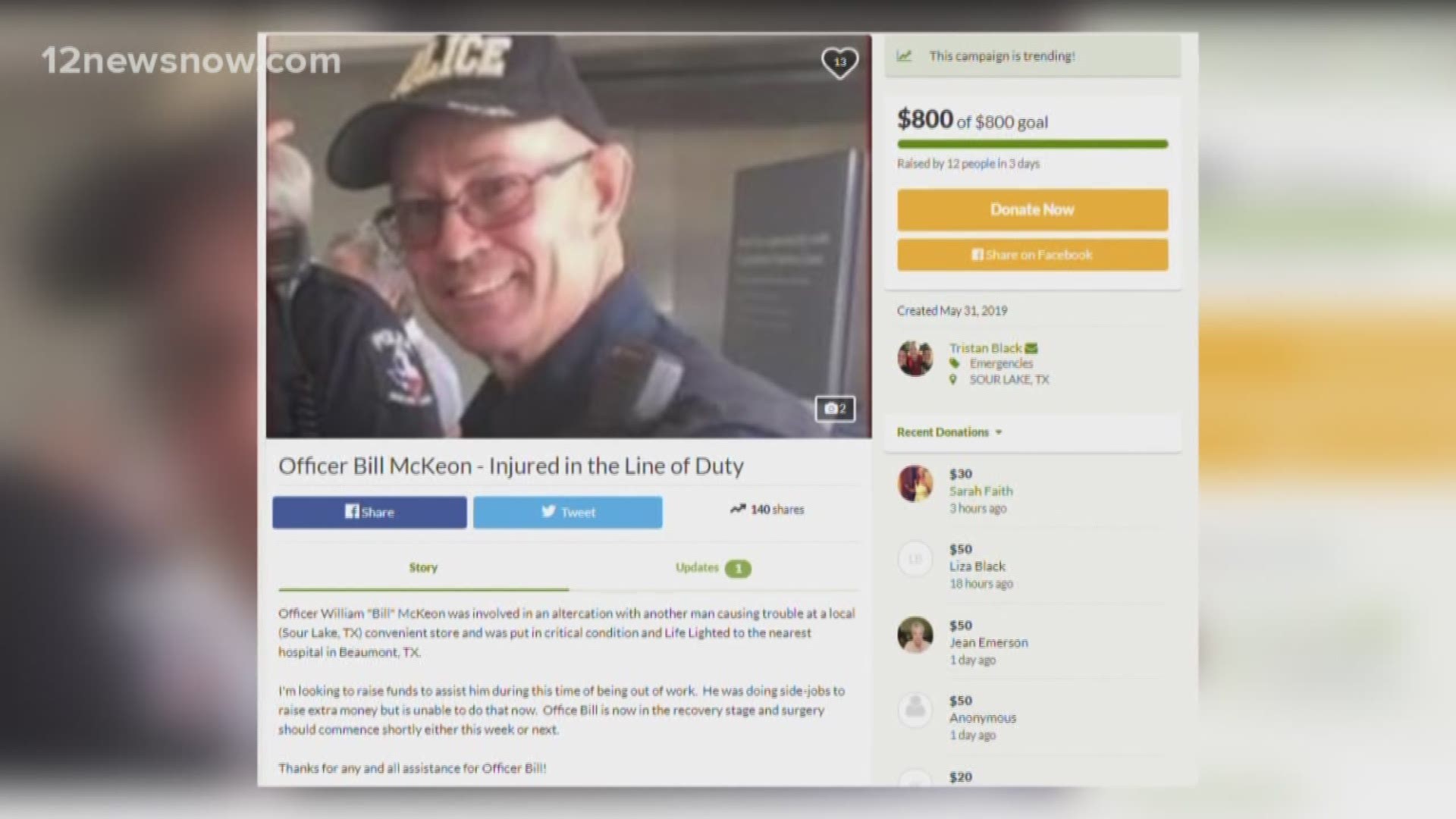"I am just ready for him to get back on his feet and do what he loves to do." Tristan and Liza Black are just doing what they can to help Officer McKeon and his family. Officer McKeon is currently in a coma, according to his daughter's post on Facebook.
