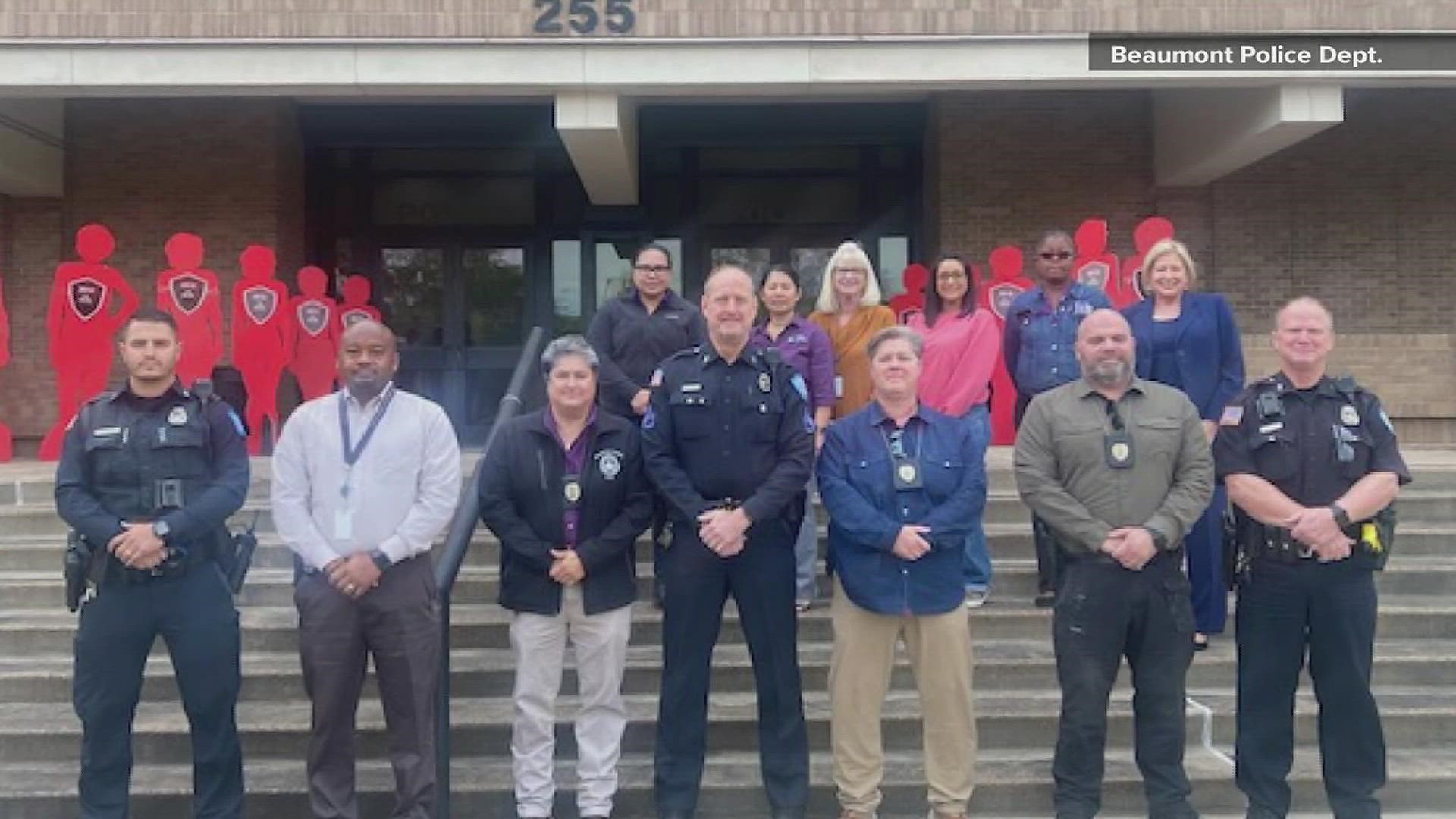 The entrance of the Beaumont Police Department is lined with life-sized figures as Southeast Texans honor those who lost their lives to domestic violence.