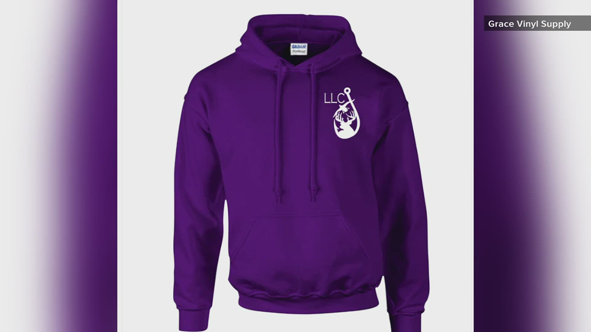 The purple sweatshirt has a fishhook and deer logo, along with the letters LLC, which stands for "long live Conner".