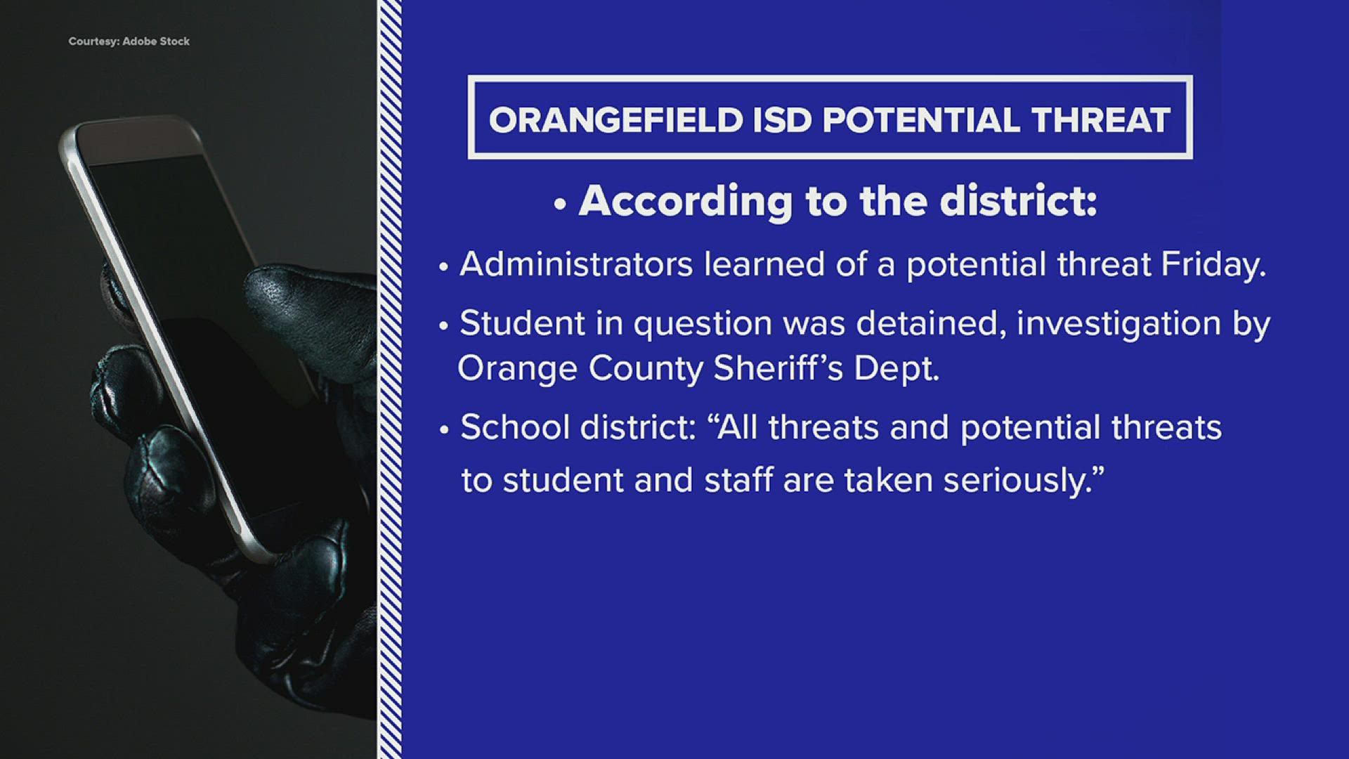 The district says it called the Orange County Sheriff’s Office to investigate, and a student was detained.