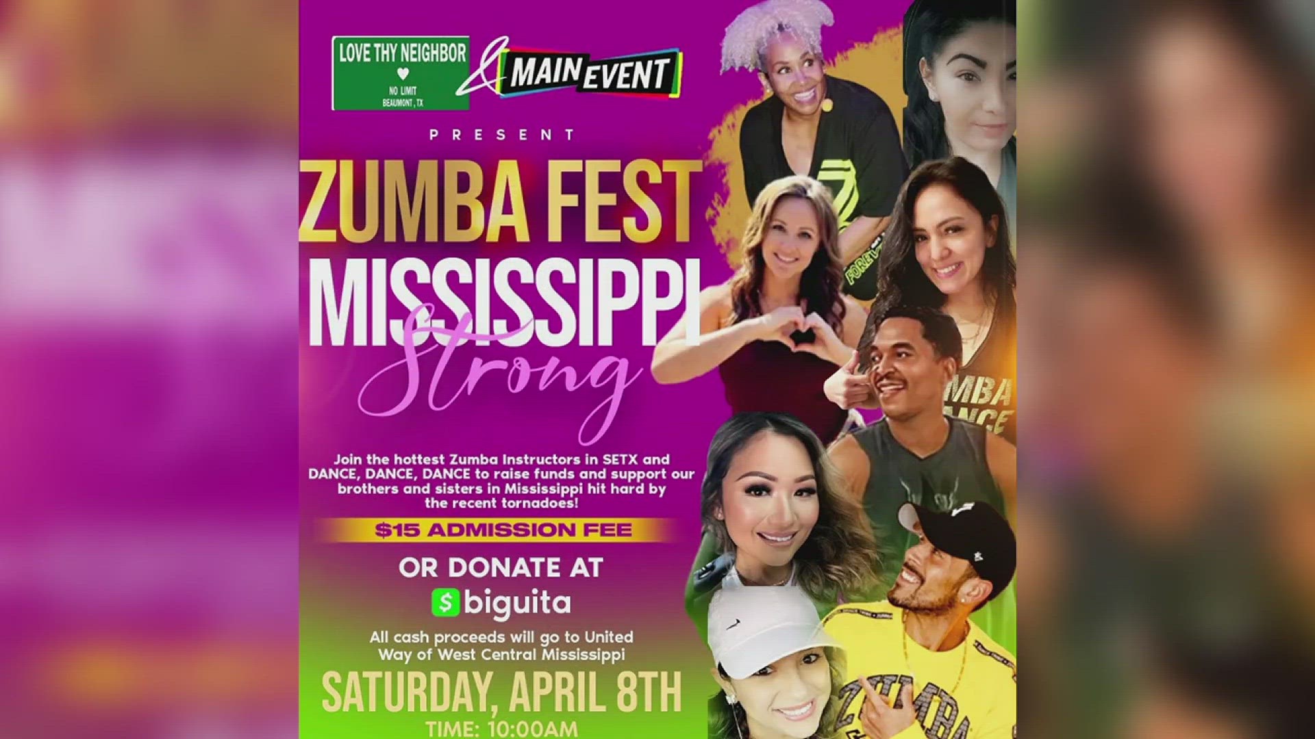 Admission to the Zumba event will be $15 and all proceeds will be donated to those impacted by the tornadoes in Rolling Folk, Mississippi.