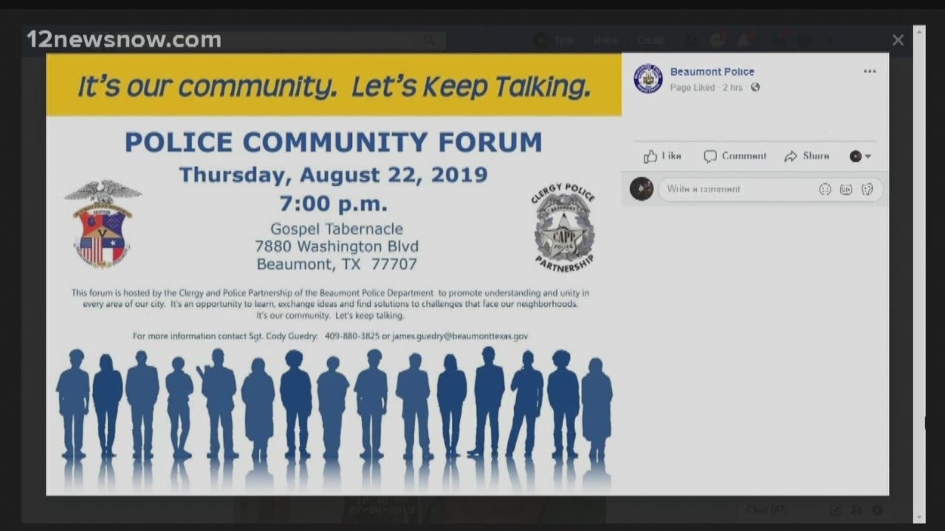 Beaumont Police Department is hosting a community forum on Thursday, August 22 at 7 p.m. at Gospel Tabernacle at 7880 Washington Blvd. in Beaumont.