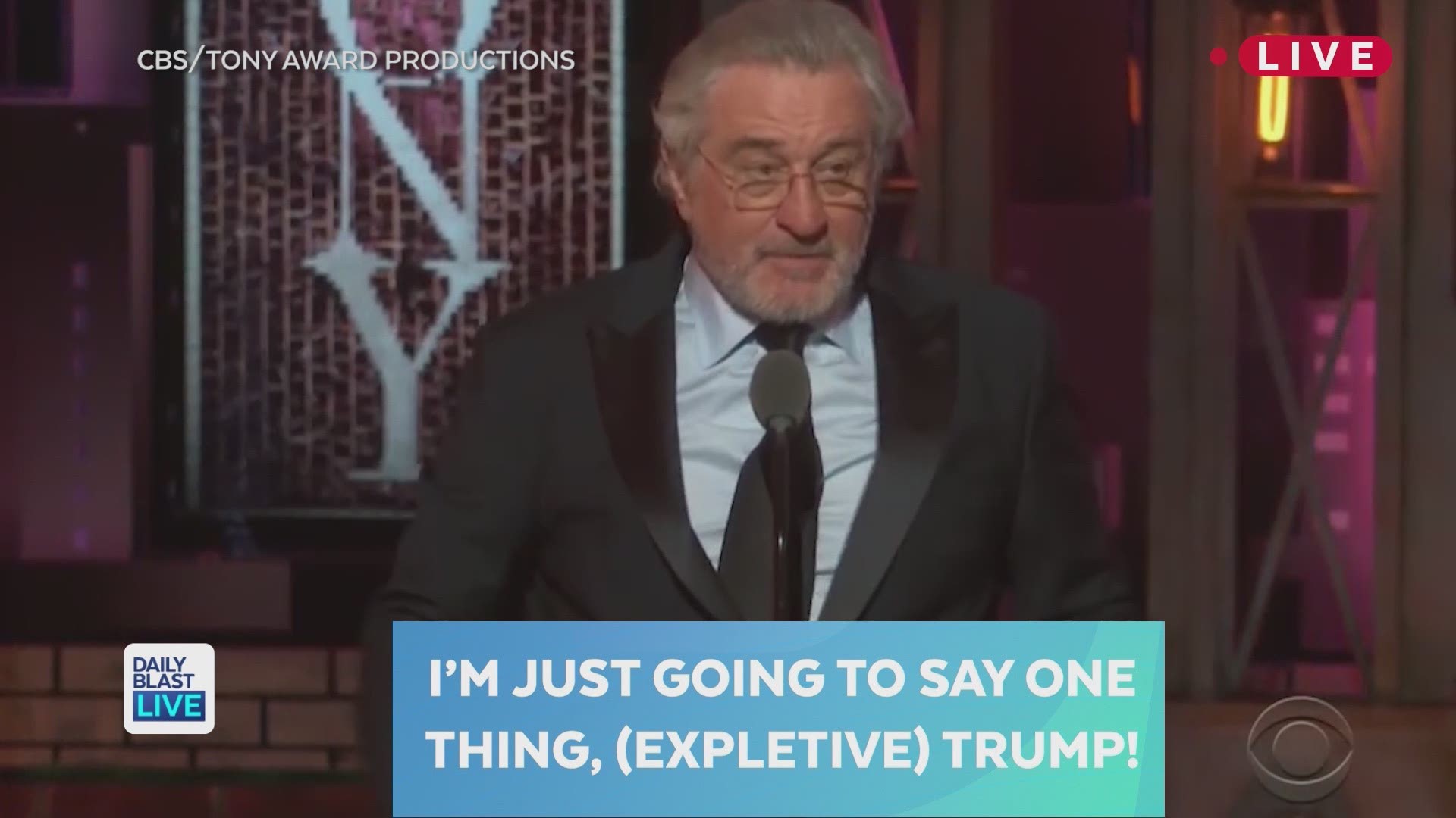 Legendary actor, Robert De Niro, is facing backlash for his bleeped moment. While presenting at Sunday nights Tony Awards, De Niro didn't waste anytime letting the f-bombs fly about President Trump. Daily Blast LIVE co-hosts discuss whether this profanity