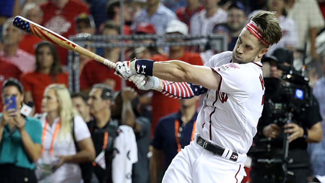 Washington Nationals' Bryce Harper of the National League bats in the 2018  Home Run Derby during the All Star break at Nationals Park in Washington,  D.C. on July 16, 2018. Photo by