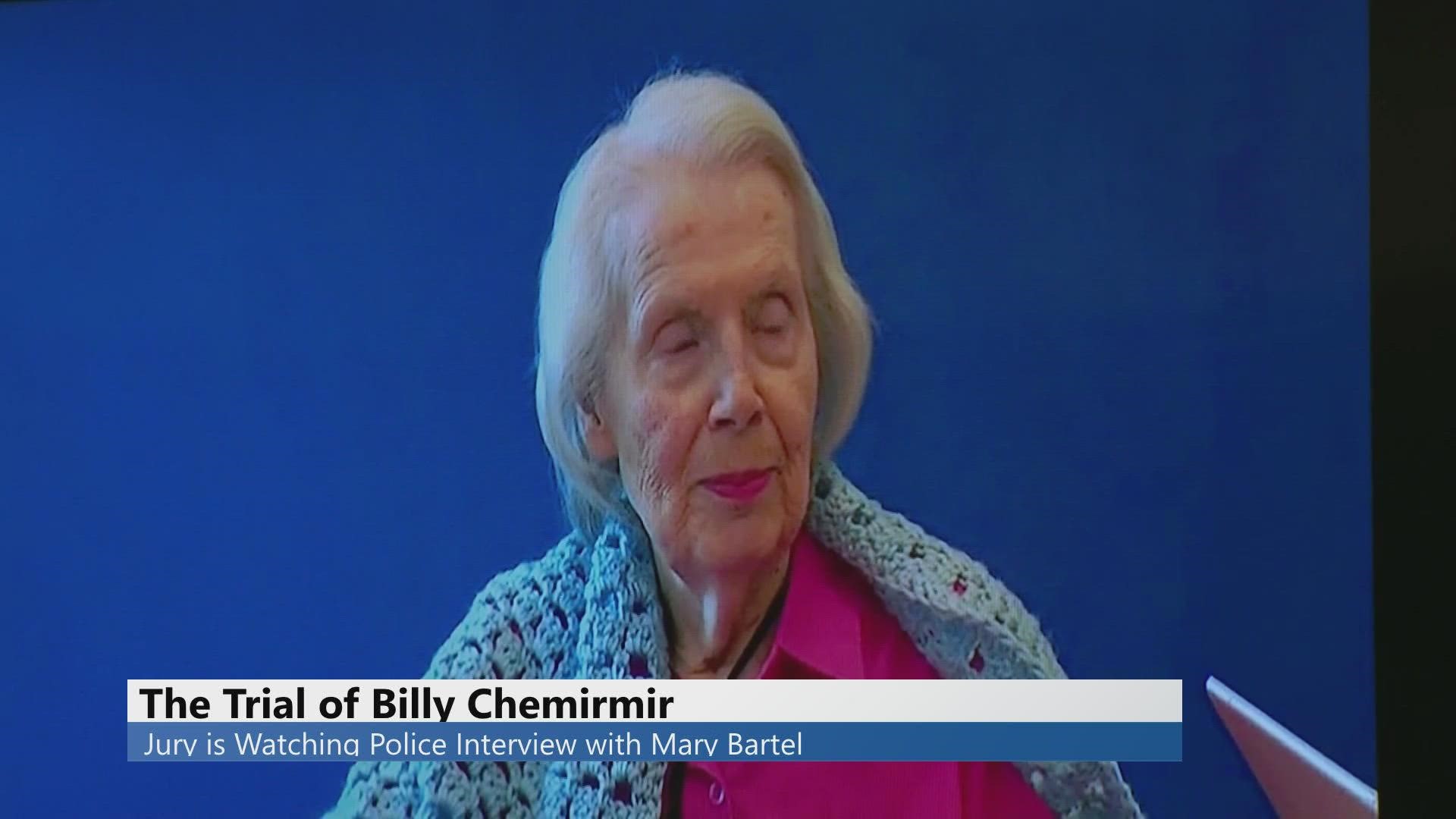 Billy Chemirmir is accused of robbing and smothering 91-year-old Mary Bartel in March 2018. She since died, but the state played a recording of her testimony Monday.