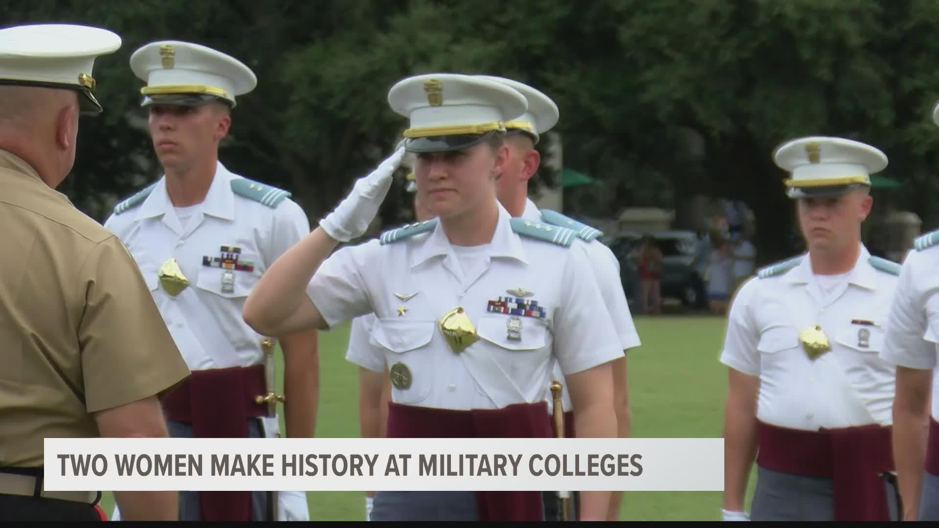 For the first time, the senior military corps cadets at Citadel and Virginia Military Institute are commanded by women.