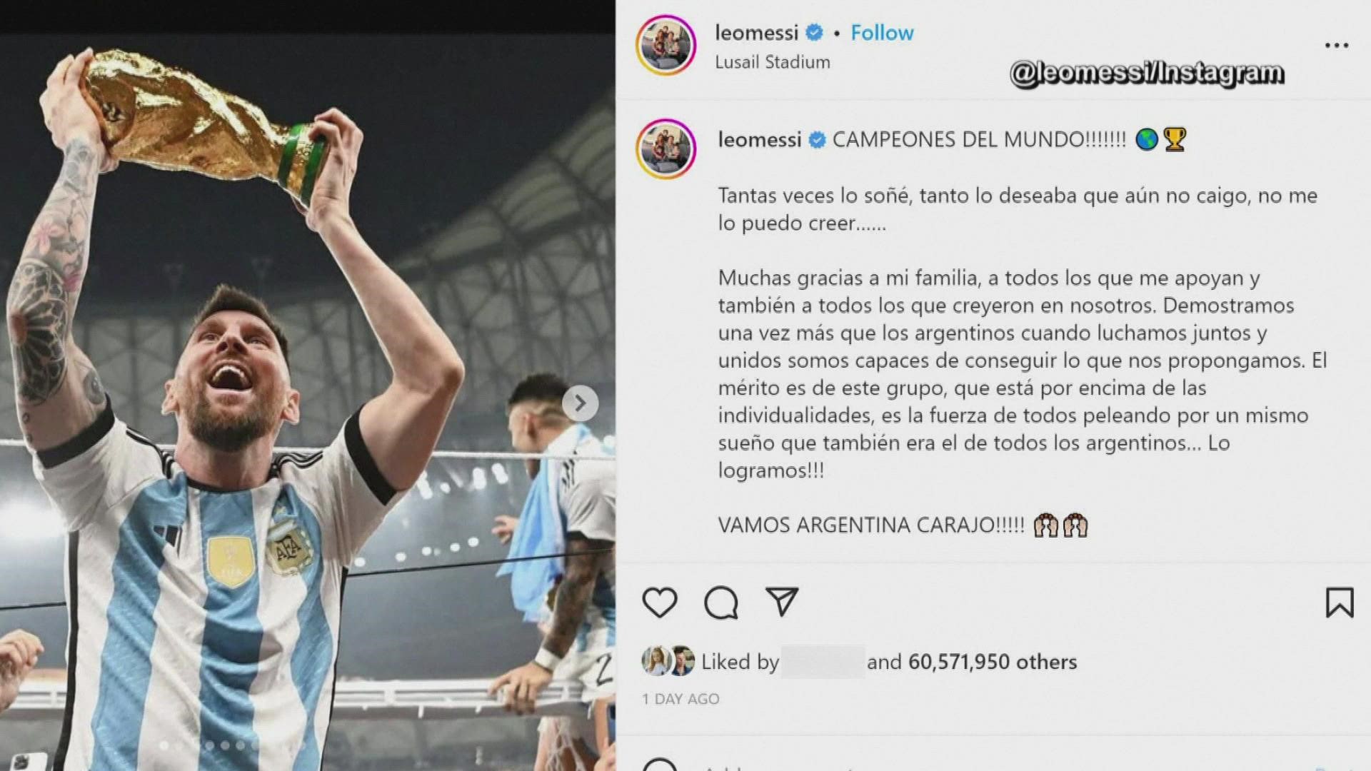 Lionel Messi's Instagram pic celebrating FIFA World Cup win surpasses 'The  Egg' to become most liked pic
