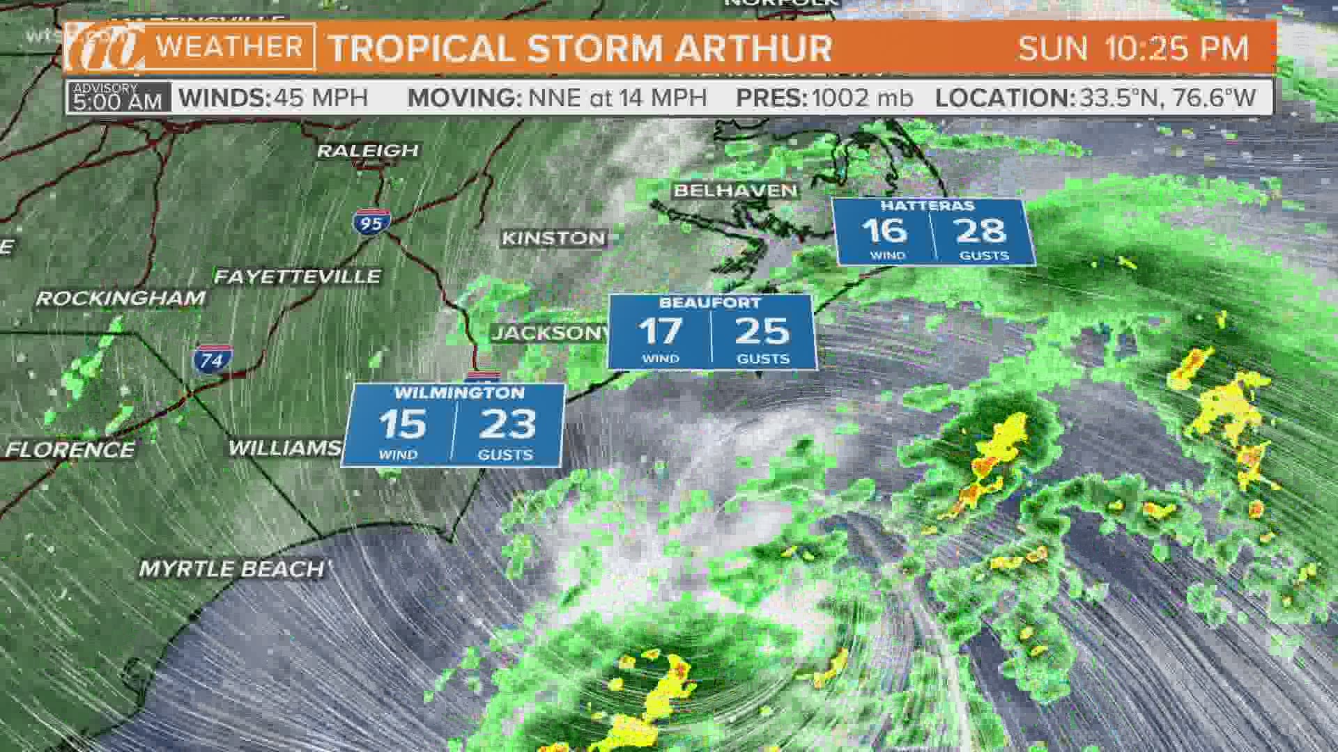 A sliver of the Outer Banks of North Carolina, where a tropical storm warning is in effect, could be affected by Arthur.