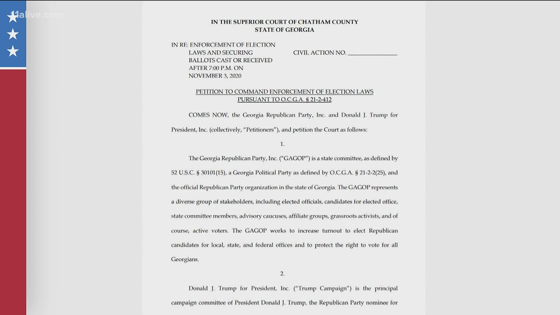 President Donald Trump's campaign and the Georgia Republican Party have filed a lawsuit against the Chatham County Board of Elections asking a judge to order the cou
